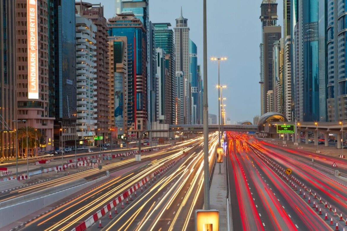 United Arab Emirates, Dubai, Sheikh Zayed Road, traffic and new high rise buildings along Dubai’s main road